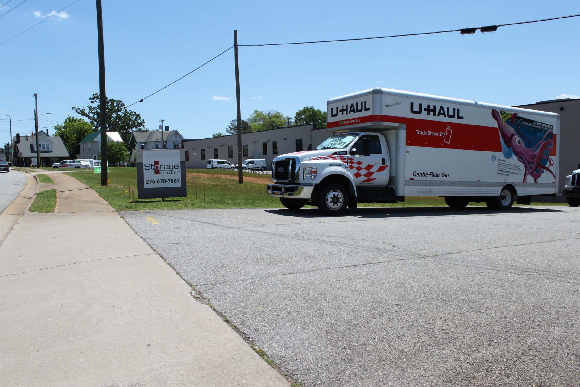 A U-Haul truck outside of the Storage Center Martinsville, VA local storage facilities.