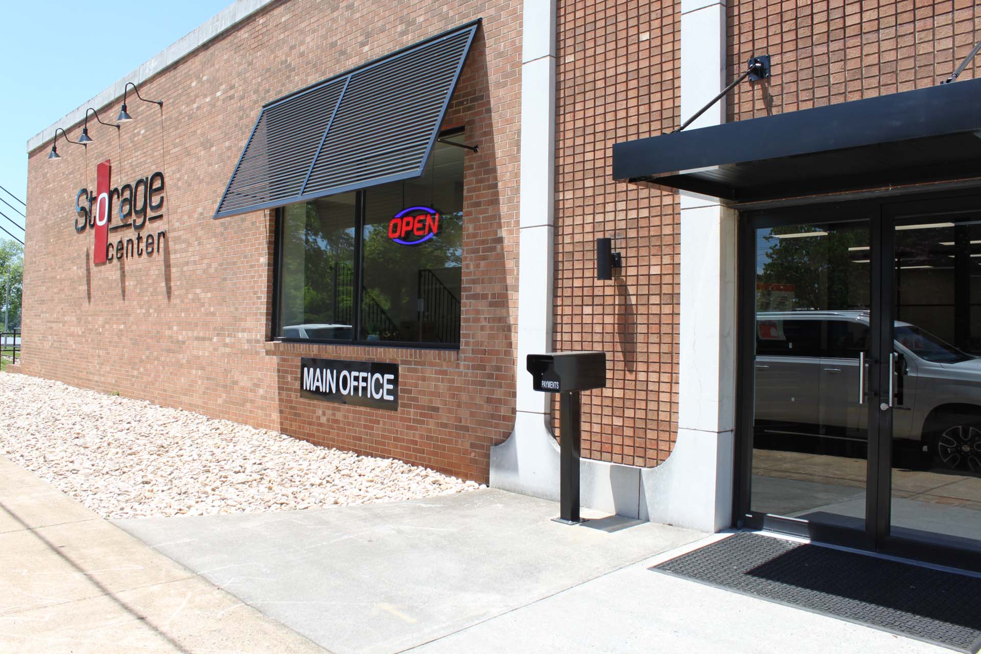 Front entrance and main office of a self storage facility in Axton, VA.